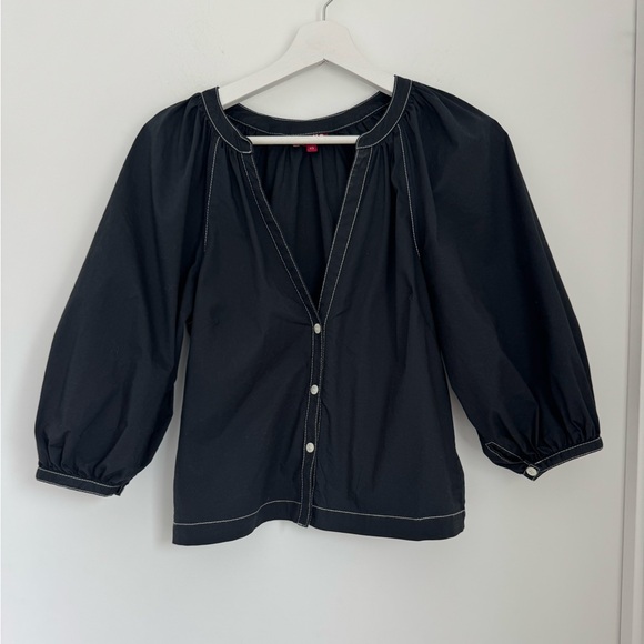 STAUD XS Dill Black Puff Sleeve Button Down Blouse Contrast Stitching - Picture 2 of 8